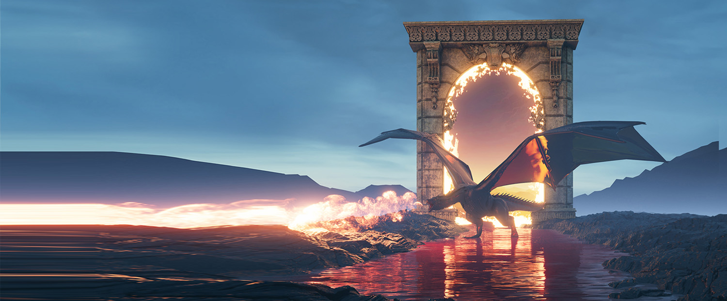 cg image of dragon breathing fire over water