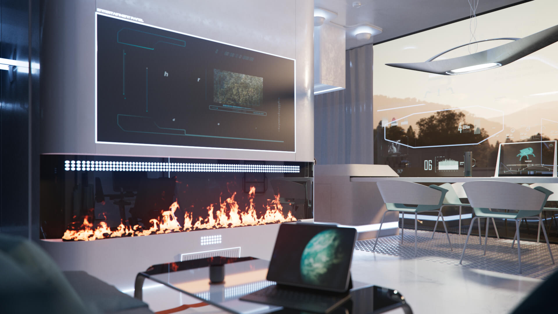 v-ray for 3ds max showing a futuristic room with screen, fire and desks