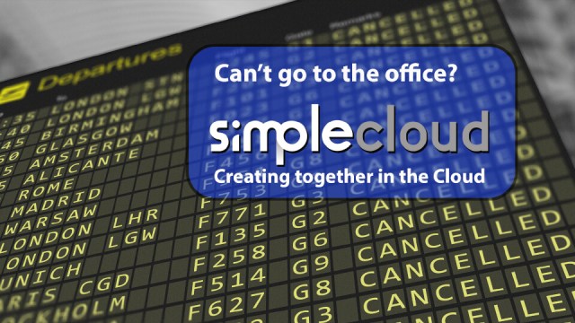simplecloud logo against an airport departures board
