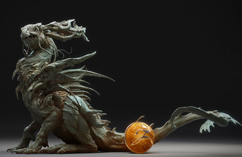 zbrush cg image of ornate dragon with amber ball