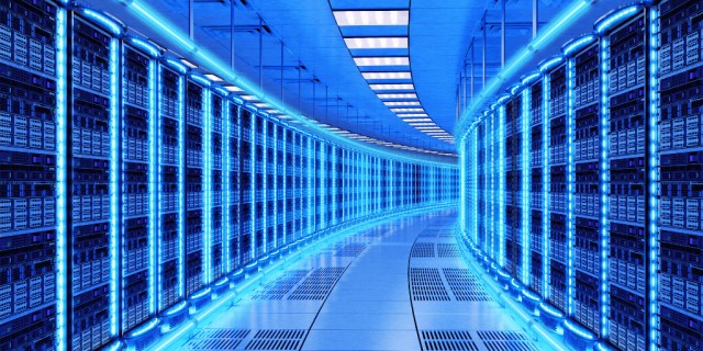 neon blue image of the inside of a data centre